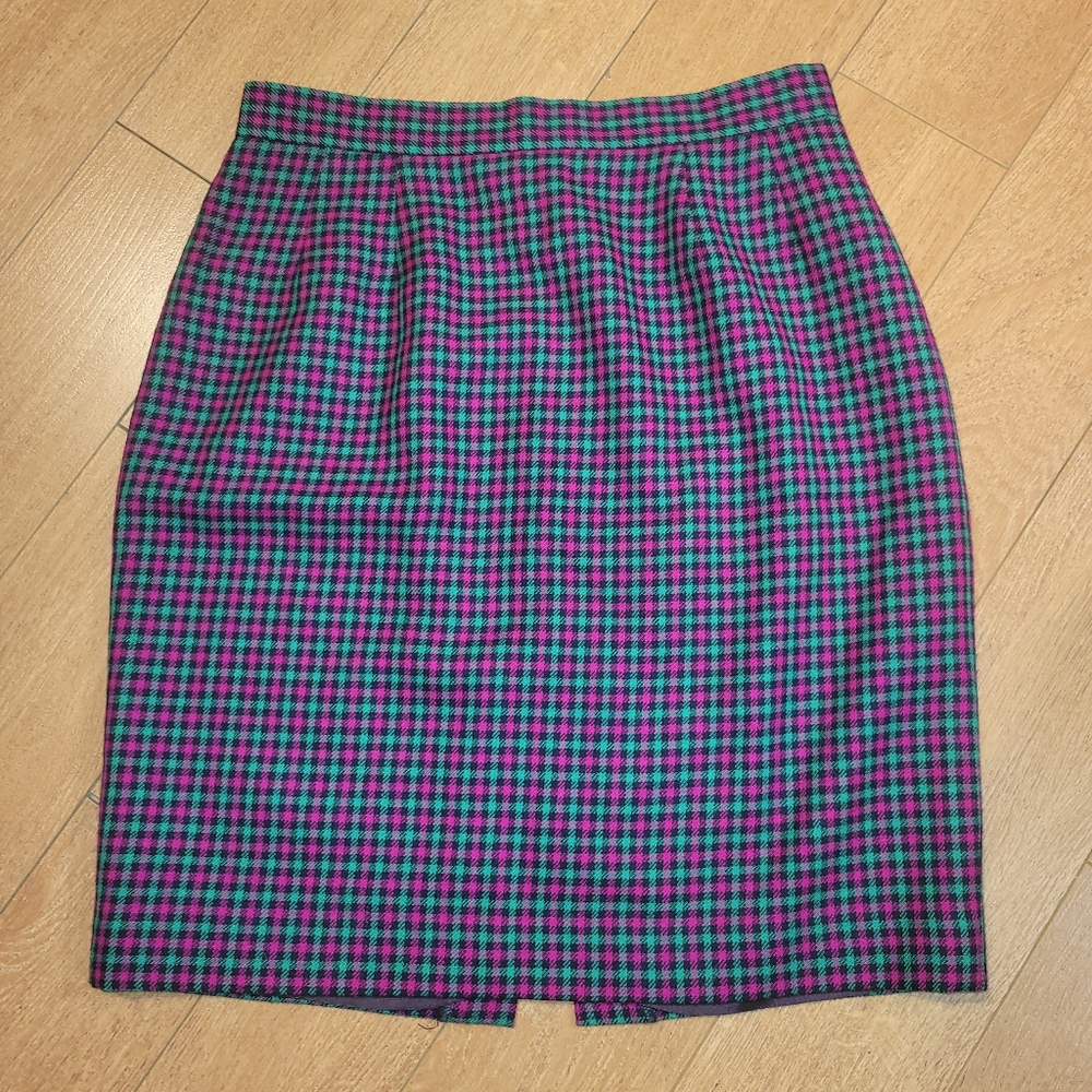 Vintage Devonshire Cream Wool Teal & Magenta Plaid Skirt